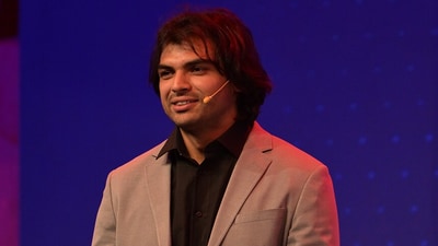 Neeraj Chopra addressed a gathering at the RCB Innovation Lab's Leaders Meet India. Neeraj Chopra addressed a gathering at the RCB Innovation Lab's Leaders Meet India.
