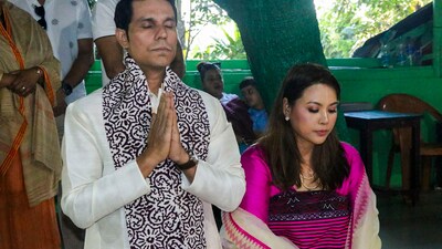 The day before their wedding, Randeep Hooda and Lin Laishram sought blessings at a temple in Heingang, Imphal East district.&nbsp; (PTI)