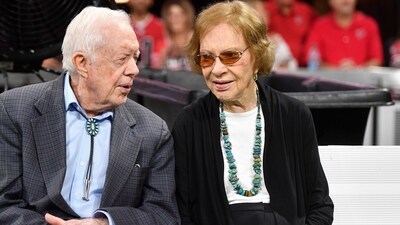 Jimmy Carter and Rosalynn Carter sit together ahead of an NFL football game between the Atlanta Falcons and the Cincinnati Bengals, Sept. 30, 2018, in Atlanta (AP Photo/John Amis, File) (AP) Jimmy Carter and Rosalynn Carter sit together ahead of an NFL football game between the Atlanta Falcons and the Cincinnati Bengals, Sept. 30, 2018, in Atlanta (AP Photo/John Amis, File) (AP)