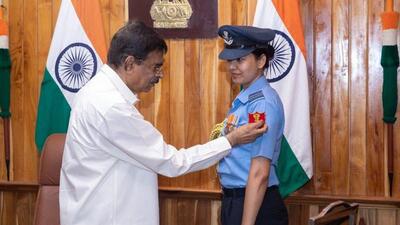 Squadron Leader Manisha Padhi appointed with Mizoram Governor Hari Babu Kambhampati at Raj Bhawan in Aizawl on Wednesday (DIPR/Mizoram) Squadron Leader Manisha Padhi appointed with Mizoram Governor Hari Babu Kambhampati at Raj Bhawan in Aizawl on Wednesday (DIPR/Mizoram)