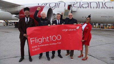IMAGE DISTRIBUTED FOR VIRGIN ATLANTIC AIRWAYS LTD - Virgin Atlantic Founder, Sir Richard Branson, UK Transport Secretary Mark Harper, and CEO, Shai Weiss, celebrate arrival of Flight100 in NYC, Tuesday, Nov. 28, 2023 in New York. (Jason DeCrow/AP Images for Virgin Atlantic Airways Ltd) (AP) IMAGE DISTRIBUTED FOR VIRGIN ATLANTIC AIRWAYS LTD - Virgin Atlantic Founder, Sir Richard Branson, UK Transport Secretary Mark Harper, and CEO, Shai Weiss, celebrate arrival of Flight100 in NYC, Tuesday, Nov. 28, 2023 in New York. (Jason DeCrow/AP Images for Virgin Atlantic Airways Ltd) (AP)