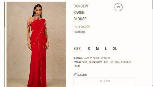 katrina's red saree is from the designer Tarun Tahiliani and comes with a price tag of ₹109,900. (taruntahiliani.com) katrina's red saree is from the designer Tarun Tahiliani and comes with a price tag of ₹109,900. (taruntahiliani.com)