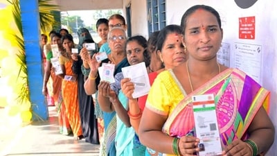 Voters stand in a queue to cast their vote for the Telangana assembly elections, in Nagarkurnool District on Thursday. (CEO Telangana X)