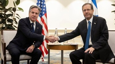 Israel's President Isaac Herzog, right and US Secretary of State Antony Blinken shake hands, during a meeting in Tel Aviv. (AP) Israel's President Isaac Herzog, right and US Secretary of State Antony Blinken shake hands, during a meeting in Tel Aviv. (AP)