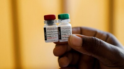 A nurse holds malaria vaccine vials before administering it to an infant at the Lumumba Sub-County hospital in Kisumu, Kenya. (Reuters)
