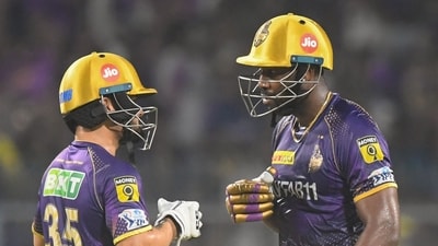 Kolkata Knight Riders' Andre Russell (R) and Rinku Singh bump fists during the Indian Premier League (AFP) Kolkata Knight Riders' Andre Russell (R) and Rinku Singh bump fists during the Indian Premier League (AFP)