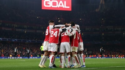 Arsenal's Italian midfielder #20 Jorginho celebrates scoring his team's sixth goal during the UEFA Champions League Group B football match between Arsenal and RC Lens at the Arsenal Stadium (AFP) Arsenal's Italian midfielder #20 Jorginho celebrates scoring his team's sixth goal during the UEFA Champions League Group B football match between Arsenal and RC Lens at the Arsenal Stadium (AFP)