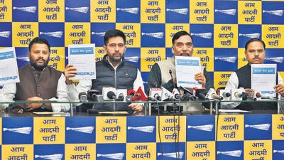 New Delhi, India - Nov. 30, 2023: Delhi Environment Minister Gopal Rai with AAP leader Raghav Chadha with others addresses a press conference at AAP office, in New Delhi, India, on Thursday, November 30, 2023. (Photo by Sanjeev Verma/ Hindustan Times) (Hindustan Times) New Delhi, India - Nov. 30, 2023: Delhi Environment Minister Gopal Rai with AAP leader Raghav Chadha with others addresses a press conference at AAP office, in New Delhi, India, on Thursday, November 30, 2023. (Photo by Sanjeev Verma/ Hindustan Times) (Hindustan Times)