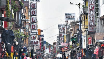 New Delhi, India- August 04, 2020: A view down a road dotted by hotels and guesthouses in Paharganj, New Delhi, India on Tuesday, August 04, 2020. (Photo by Sonu Mehta/Hindustan Times) (Sonu Mehta/HT PHOTO) New Delhi, India- August 04, 2020: A view down a road dotted by hotels and guesthouses in Paharganj, New Delhi, India on Tuesday, August 04, 2020. (Photo by Sonu Mehta/Hindustan Times) (Sonu Mehta/HT PHOTO)