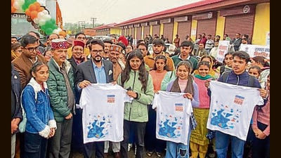 Union information and broadcasting minister Anurag Thakur at the event in Una on Thursday. (HT Photo) Union information and broadcasting minister Anurag Thakur at the event in Una on Thursday. (HT Photo)