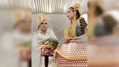 Randeep Hooda was seen draped in a white shawl, while Lin Laishram adorned a Potloi or Polloi, a cylindrical skirt crafted from thick cloth and bamboo. The attire was embellished with satin, velvet, gems, and glitter. (Instagram/@randeephooda) Randeep Hooda was seen draped in a white shawl, while Lin Laishram adorned a Potloi or Polloi, a cylindrical skirt crafted from thick cloth and bamboo. The attire was embellished with satin, velvet, gems, and glitter. (Instagram/@randeephooda)