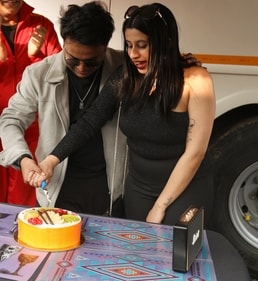 Harsh Mayar celebrating his marriage anniversary with Sukanya Rajan Mayar on the sets of Crash Boom Bang in Lucknow (HT Photo) Harsh Mayar celebrating his marriage anniversary with Sukanya Rajan Mayar on the sets of Crash Boom Bang in Lucknow (HT Photo)