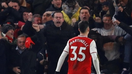 Arsenal's Gabriel Martinelli celebrates scoring a goal. (REUTERS)
