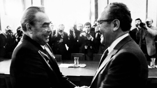 General Secretary of the Communist Party of the Soviet Union Leonid Brezhnev with former US Secretary of State Henry Kissinger in Moscow in 1974.&nbsp;(AFP)