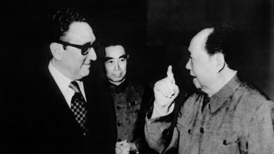 Former US secretary of state Henry Kissinger with former Chinese Chairman Mao Sedong and Premier Zhou Enlai in 1973 in Beijing.&nbsp;(AFP)