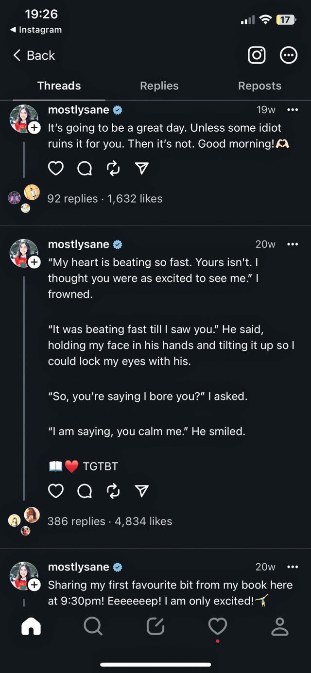 Koli recently posted a tiny excerpt from her debut novel, Too Good to be True, on the social-media app Threads. Koli recently posted a tiny excerpt from her debut novel, Too Good to be True, on the social-media app Threads.