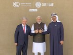 Modi was welcomed warmly by UAE President Sheikh Mohamed bin Zayed Al Nahyan and UN Secretary-General Antonio Guterres at the venue in Dubai. Modi was welcomed warmly by UAE President Sheikh Mohamed bin Zayed Al Nahyan and UN Secretary-General Antonio Guterres at the venue in Dubai.