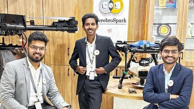 (From left) Mihir Kedar, Ganesh Thorat, co-founders, with Rushikesh Sonawane, director, CerebroSpark Innovations (CSI). CSI has established themselves as leading manufacturer and provider of drone-based solutions with applications in agriculture, surveillance, and delivery sectors. (HT)
