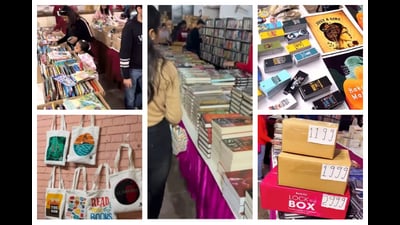 Book lovers browsing through the book fair. The venue also has bookmarks; badges; tote bags and other book merchandise on sale (HT Photos)