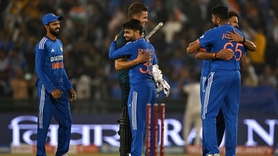 Rinku Singh is greeted by Chris Green at the end of the 4th T20I between India and Australia (AFP) Rinku Singh is greeted by Chris Green at the end of the 4th T20I between India and Australia (AFP)