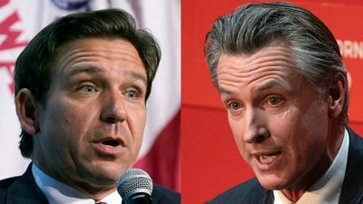 Republican presidential candidate Florida Gov. Ron DeSantis speaks on Sept. 16, 2023, in Des Moines, Iowa, at left, and California Gov. Gavin Newsom, speaks on Sept. 12, 2023, in Sacramento, Calif. (AP Photo) (AP) Republican presidential candidate Florida Gov. Ron DeSantis speaks on Sept. 16, 2023, in Des Moines, Iowa, at left, and California Gov. Gavin Newsom, speaks on Sept. 12, 2023, in Sacramento, Calif. (AP Photo) (AP)