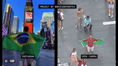 Depoorter’s project juxtaposes a short clip or picture posted by a netizen of themselves (usually in a tourist destination) alongside a clip of them taking that photo, drawn from an open-camera feed. (Dries Depoorter) Depoorter’s project juxtaposes a short clip or picture posted by a netizen of themselves (usually in a tourist destination) alongside a clip of them taking that photo, drawn from an open-camera feed. (Dries Depoorter)