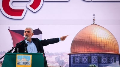 Israel-Hamas war: Yahia al-Sinwar (C), the Gaza Strip chief of Hamas, addresses supporters during a rally. (AFP) Israel-Hamas war: Yahia al-Sinwar (C), the Gaza Strip chief of Hamas, addresses supporters during a rally. (AFP)