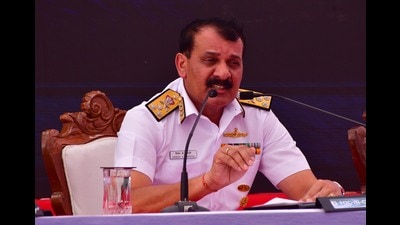 FOC--IN-C (WEST) DINESH K TRIPATHI addressed the media during the NAVY DAY Annual Press Conference of Navy Week 2023 onboard INS Chennai, in Mumbai, India, on Friday, Dec 01, 2023. (Bhushan Koyande/HT Photo) FOC--IN-C (WEST) DINESH K TRIPATHI addressed the media during the NAVY DAY Annual Press Conference of Navy Week 2023 onboard INS Chennai, in Mumbai, India, on Friday, Dec 01, 2023. (Bhushan Koyande/HT Photo)
