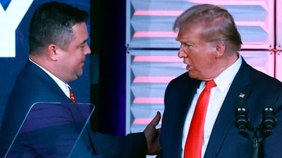 Republican Party of Florida chairman Christian Ziegler, left, greets former president Donald Trump at the RPOF Freedom Summit on Nov. 4, 2023, in Kissimmee, Fla. Ziegler is the subject of a rape investigation, though no charges have been filed and police are providing little information on the accusation. (Joe Burbank/Orlando Sentinel via AP) (AP) Republican Party of Florida chairman Christian Ziegler, left, greets former president Donald Trump at the RPOF Freedom Summit on Nov. 4, 2023, in Kissimmee, Fla. Ziegler is the subject of a rape investigation, though no charges have been filed and police are providing little information on the accusation. (Joe Burbank/Orlando Sentinel via AP) (AP)