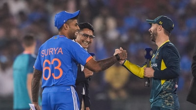 Indian captain Suryakumar Yadav and Australian captain Matthew Wade at the toss before the fourth T20I at Shaheed Veer Narayan Singh International Cricket Stadium, in Raipur (PTI) Indian captain Suryakumar Yadav and Australian captain Matthew Wade at the toss before the fourth T20I at Shaheed Veer Narayan Singh International Cricket Stadium, in Raipur (PTI)