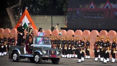 President Droupadi Murmu reviews the parade at the Armed Forces Medical College on Friday. (Right) The President presents the President’s Colour to Armed Forces Medical College. (HT PHOTO)