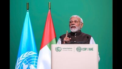 Prime Minister Narendra Modi during a high-level segment on day two of the COP28 climate conference in Dubai. (Bloomberg) Prime Minister Narendra Modi during a high-level segment on day two of the COP28 climate conference in Dubai. (Bloomberg)