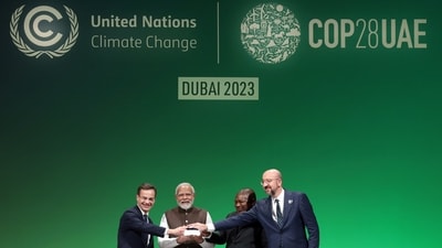 Prime Minister Narendra Modi exchanges greetings with Sweden Prime Minister Ulf Kristersson, Mozambique President Filipe Jacinto Nyusi and European Council President Charles Michel during the launch of the web portal of the Green Credits Programme at the COP28 World Climate Action Summit, in Dubai on Friday. (ANI) Prime Minister Narendra Modi exchanges greetings with Sweden Prime Minister Ulf Kristersson, Mozambique President Filipe Jacinto Nyusi and European Council President Charles Michel during the launch of the web portal of the Green Credits Programme at the COP28 World Climate Action Summit, in Dubai on Friday. (ANI)