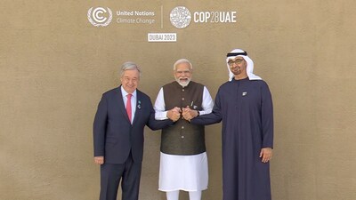 Modi was welcomed warmly by UAE President Sheikh Mohamed bin Zayed Al Nahyan and UN Secretary-General Antonio Guterres at the venue in Dubai. (X/@narendramodi)