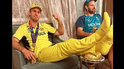 Snapshot of Mitchell Marsh with his feet on the World Cup Trophy. (X/@mufaddal_vohra) Snapshot of Mitchell Marsh with his feet on the World Cup Trophy. (X/@mufaddal_vohra)