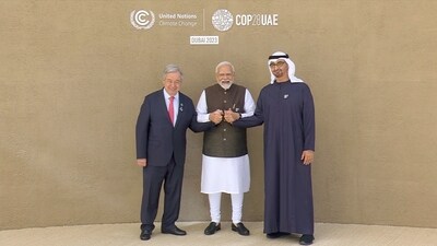 Prime Minister Narendra Modi met UAE President Mohammed Bin Zayed and UN Secretary General Antonio Gutterus at the COP 28 Summit in Dubai. "Glad to join the COP-28 Summit, a pivotal platform for global climate action…" PM Modi wrote on X sharing a picture of him holding hands with Zayed and Gutterus. This is PM Modi's third appearance at the World Climate Action Summit after his visits to Paris in 2015 and Glasgow in 2021. (X/Narendra Modi) Prime Minister Narendra Modi met UAE President Mohammed Bin Zayed and UN Secretary General Antonio Gutterus at the COP 28 Summit in Dubai. "Glad to join the COP-28 Summit, a pivotal platform for global climate action…" PM Modi wrote on X sharing a picture of him holding hands with Zayed and Gutterus. This is PM Modi's third appearance at the World Climate Action Summit after his visits to Paris in 2015 and Glasgow in 2021. (X/Narendra Modi)