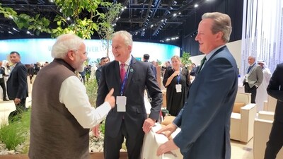 PM Narendra Modi interacts with UK Foreign Secretary David Cameron and former UK PM Mr. Tony Blair during the COP 28 summit. “Happy to meet my friends, UK Foreign Secretary @David_Cameron and former UK PM Mr. Tony Blair during the #COP28 Summit. Admire their passion to work towards sustainable development,” Modi wrote on X. (X/Narendra Modi) PM Narendra Modi interacts with UK Foreign Secretary David Cameron and former UK PM Mr. Tony Blair during the COP 28 summit. “Happy to meet my friends, UK Foreign Secretary @David_Cameron and former UK PM Mr. Tony Blair during the #COP28 Summit. Admire their passion to work towards sustainable development,” Modi wrote on X. (X/Narendra Modi)