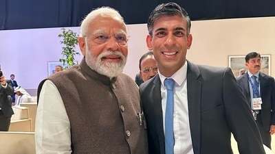 Prime Minister Modi shakes hands with UK PM Rishi Sunak at the COP 28 Summit. “An excellent interaction with UK PM @RishiSunak during the #COP28DubaiSummit.Strong India-UK friendship helps create a better future for the coming generations,” Modi posted along with a picture of Sunak on X. (X/Narendra Modi) Prime Minister Modi shakes hands with UK PM Rishi Sunak at the COP 28 Summit. “An excellent interaction with UK PM @RishiSunak during the #COP28DubaiSummit.Strong India-UK friendship helps create a better future for the coming generations,” Modi posted along with a picture of Sunak on X. (X/Narendra Modi)