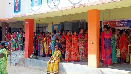 Telangana, Nov 30 (ANI): Women voters stand in a queue to cast their votes for the Telangana Assembly elections, on Thursday. (ANI Photo) Telangana, Nov 30 (ANI): Women voters stand in a queue to cast their votes for the Telangana Assembly elections, on Thursday. (ANI Photo)