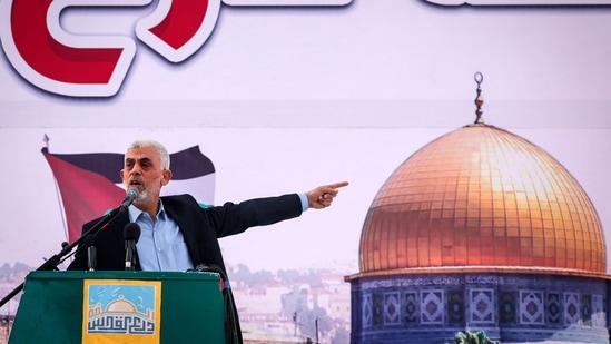 Israel-Hamas war: Yahia al-Sinwar (C), the Gaza Strip chief of Hamas, addresses supporters during a rally. (AFP)