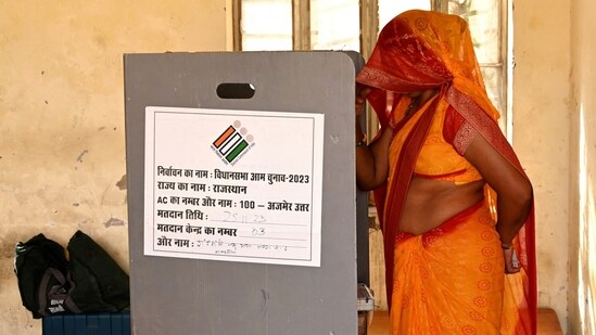A woman casts her vote inside a polling station during Rajasthan state assembly election, India, November 25, 2023. REUTERS
