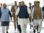 Union defence minister Rajnath Singh, union minister of parliamentary affairs Pralhad Joshi, Union minister of state for law and justice Arjun Ram Meghwal and others arrive for a meeting before the commencement of the winter session of Parliament on December 2, 2023. Union defence minister Rajnath Singh, union minister of parliamentary affairs Pralhad Joshi, Union minister of state for law and justice Arjun Ram Meghwal and others arrive for a meeting before the commencement of the winter session of Parliament on December 2, 2023.