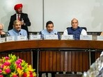 Defence Minister Rajnath Singh, Union Ministers Arjun Ram Meghwal, Pralhad Joshi, Congress MPs Jairam Ramesh and Pramod Tiwari and others during a meeting of the Minister of Parliamentary Affairs with floor leaders. Defence Minister Rajnath Singh, Union Ministers Arjun Ram Meghwal, Pralhad Joshi, Congress MPs Jairam Ramesh and Pramod Tiwari and others during a meeting of the Minister of Parliamentary Affairs with floor leaders.
