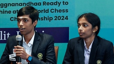 Indian chess grandmasters R Praggnanandhaa and Vaishali address a press conference for the upcoming World Chess Championship 2024 (Mohd Zakir)