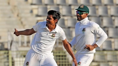 Bangladeshi cricketer Taijul Islam, left, and Mehidy Hasan Miraz celebrate the dismissal of New Zealand's Tom Blundell during the fourth day of the first test cricket match at Sylhet (AP) Bangladeshi cricketer Taijul Islam, left, and Mehidy Hasan Miraz celebrate the dismissal of New Zealand's Tom Blundell during the fourth day of the first test cricket match at Sylhet (AP)