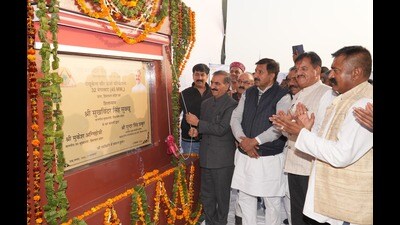 Chief minister Sukhvinder Singh Sukhu inaugurates a development project in Una on Saturday. (HT Photo)