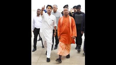 Chief minister Yogi Adityanath with Union minister Jyotiraditya Scindia in Ayodhya on Saturday. (ANI) Chief minister Yogi Adityanath with Union minister Jyotiraditya Scindia in Ayodhya on Saturday. (ANI)