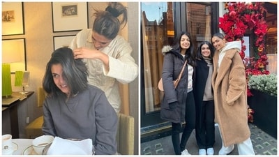 Deepika Padukone seen in candid photo styling her friend's hair in London. Deepika Padukone seen in candid photo styling her friend's hair in London.