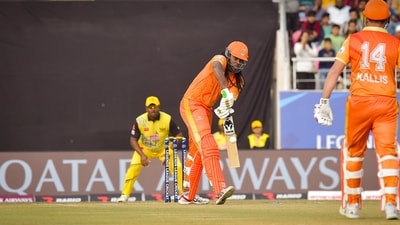 Chris Gayle in action during 2023 LLC in Dehradun Chris Gayle in action during 2023 LLC in Dehradun