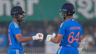 India's Yashasvi Jaiswal, right, fist bumps with batting partner Ruturaj Gaikwad during the third T20 cricket match between Australia and India (AP) India's Yashasvi Jaiswal, right, fist bumps with batting partner Ruturaj Gaikwad during the third T20 cricket match between Australia and India (AP)